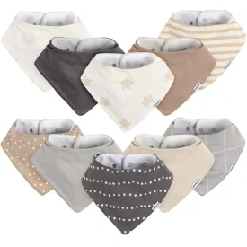 10-Pack Neutral Baby Bandana Bibs with Stars & Moons Design in Jersey Fabric
