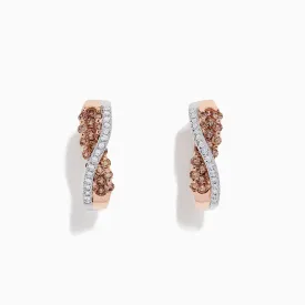 14K 2-Tone Gold Brown and White Diamond Crossover Hoop Earrings, 1.00 TCW