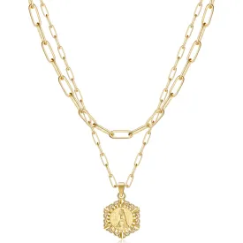 14K Gold Plated Initial Pendant Paperclip Link Hexagon Capital Letter Necklace