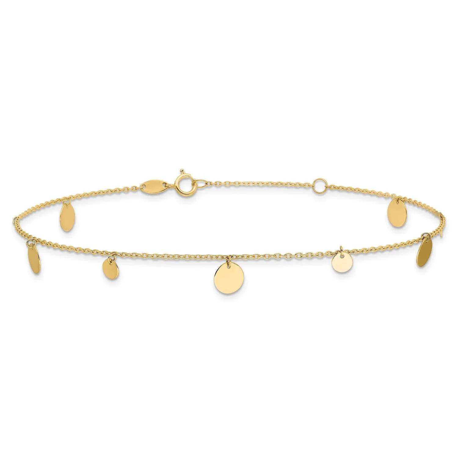 14K Real Solid Yellow Gold High Polished Circles Charm 9" to 10" Adjustable Anklet