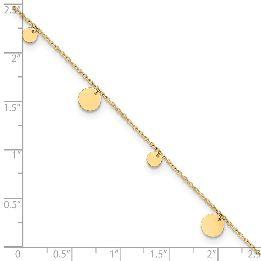 14K Real Solid Yellow Gold High Polished Circles Charm 9" to 10" Adjustable Anklet