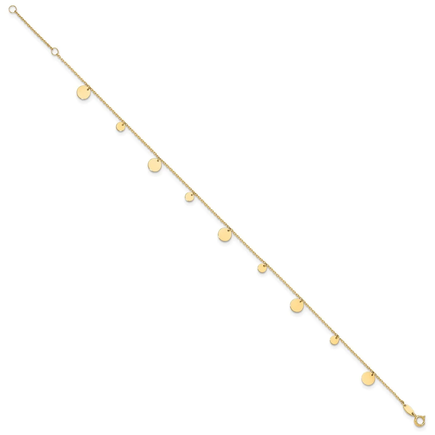 14K Real Solid Yellow Gold High Polished Circles Charm 9" to 10" Adjustable Anklet