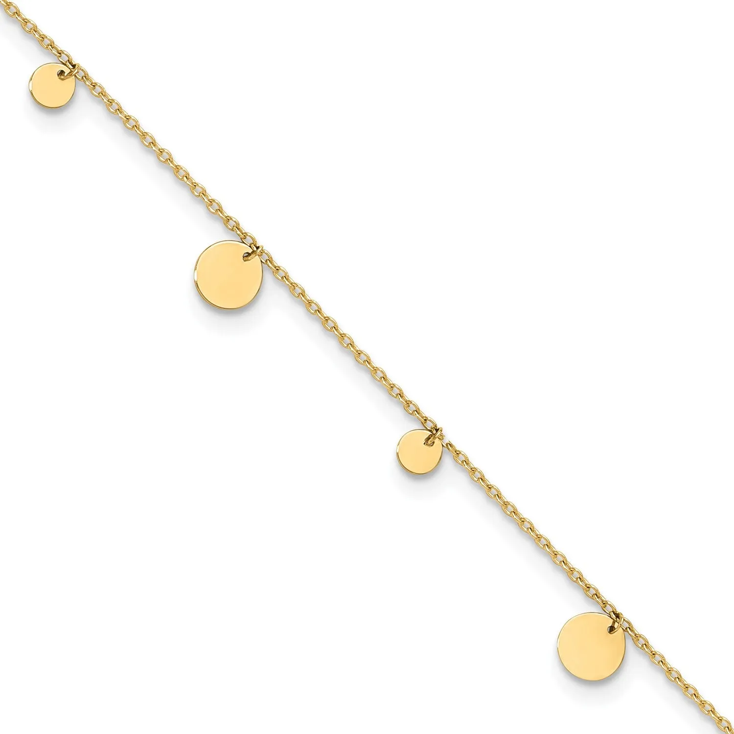 14K Real Solid Yellow Gold High Polished Circles Charm 9" to 10" Adjustable Anklet