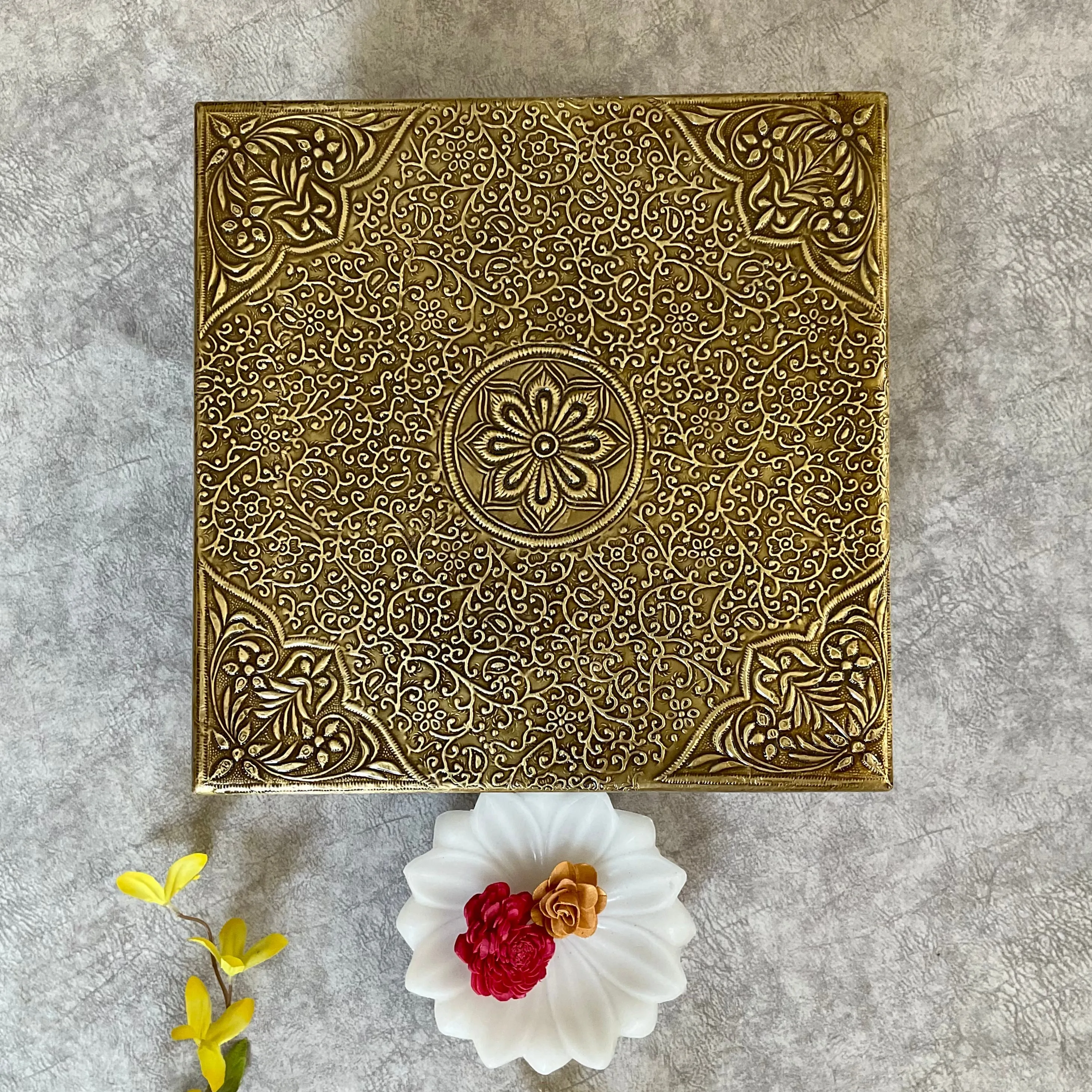 18-Inch Brass-Accented Wooden Square Pooja Chowki for Idols