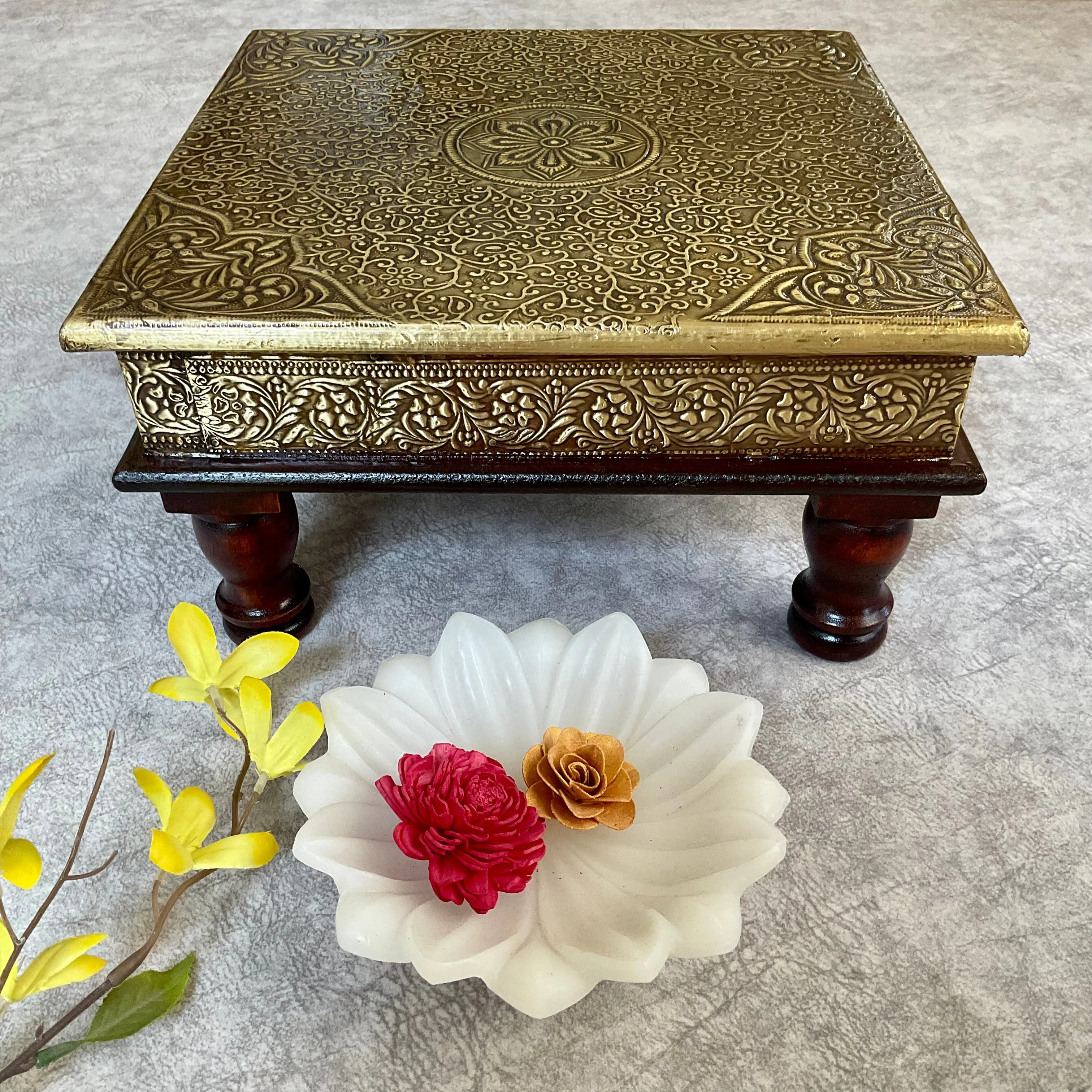 18-Inch Brass-Accented Wooden Square Pooja Chowki for Idols