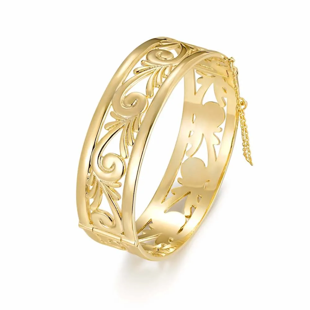 20mm Gold Filled Bonded Filigree Bangle Bracelet with Safety Chain