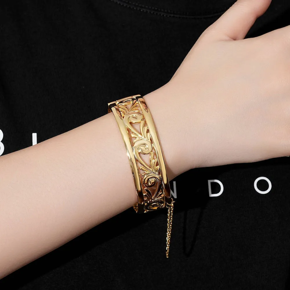 20mm Gold Filled Bonded Filigree Bangle Bracelet with Safety Chain
