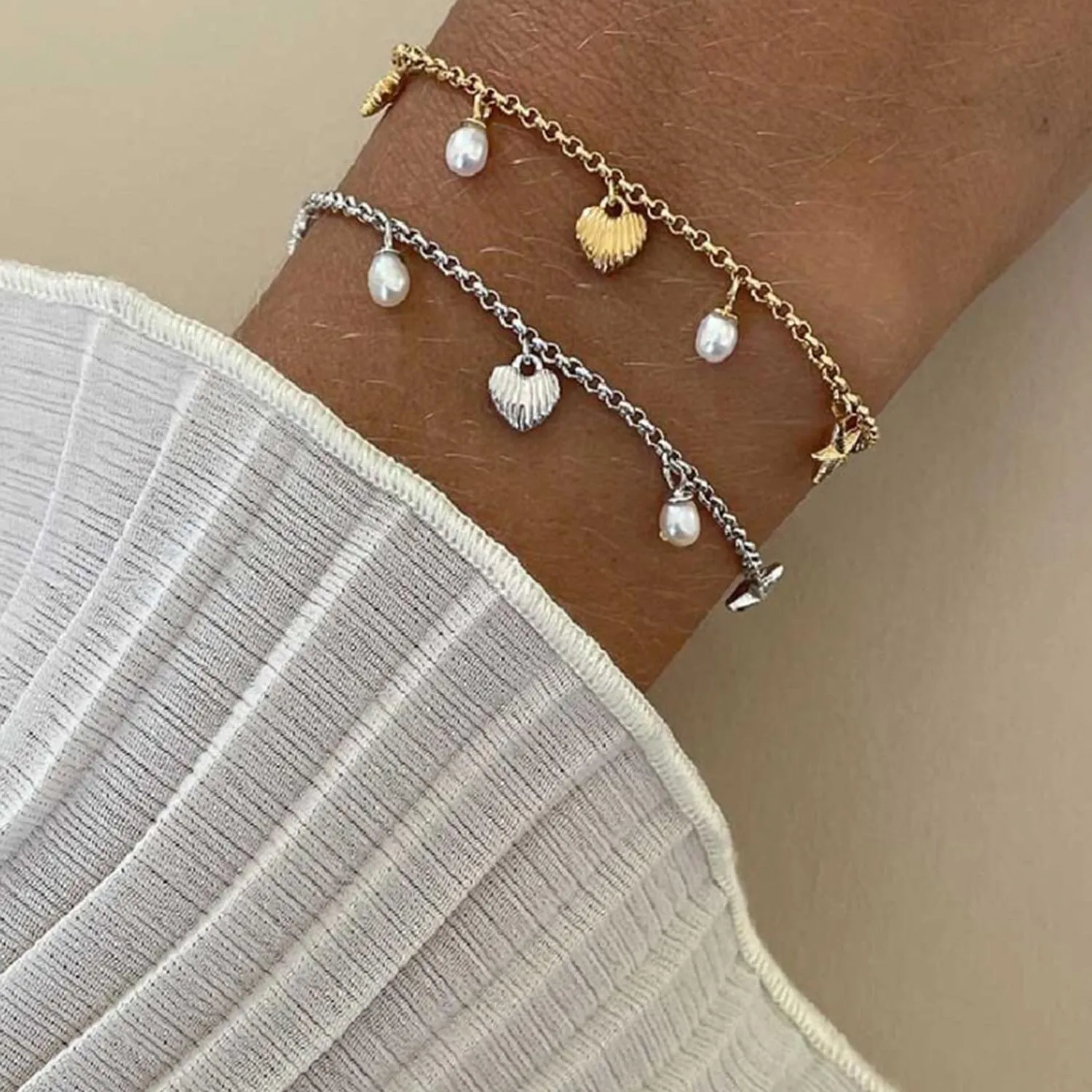 24Kae Shell Heart & Pearls Bracelet, Silver