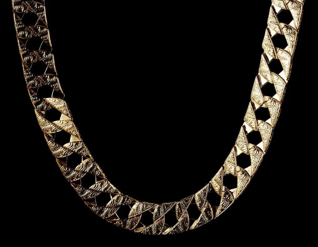 26mm Gold Filled Lizard Ornate Chaps Cuban Curb Chain 26 Inch