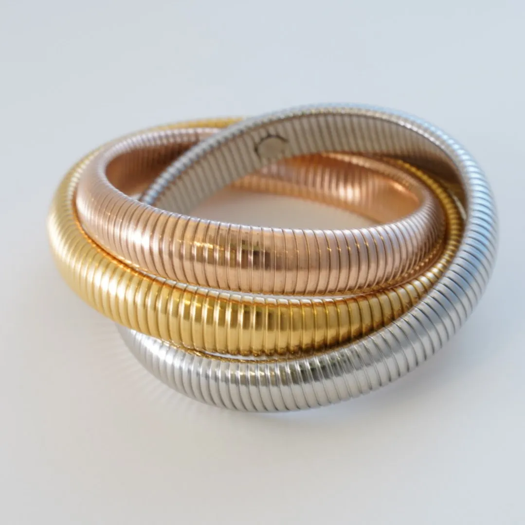 3 Layered Twisted Rhodium Plated Dual Tone Spiral of Shimmer Kada Bracelet