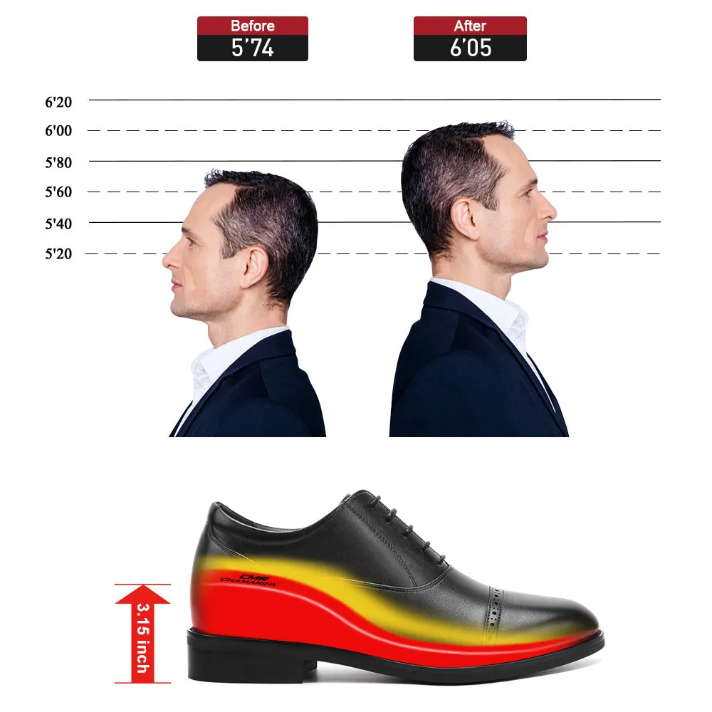 8 CM / 3.15 Inches CMR CHAMARIPA Men's Black Calfskin Elevator Oxford Shoes