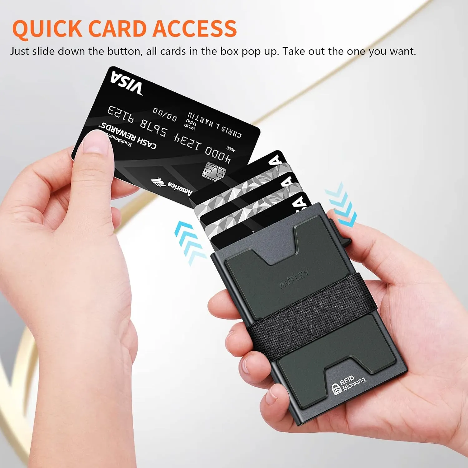 AUTLEY Slim Wallet for Men, RFID Blocking Mens Wallet, Pop Up Credit Card Holder Wallet with Cash Band (Grey)