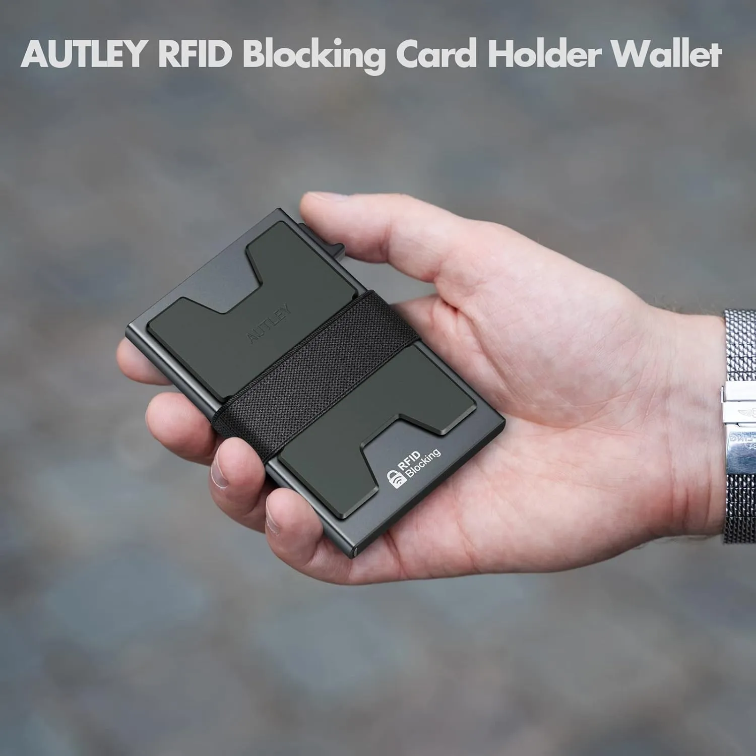 AUTLEY Slim Wallet for Men, RFID Blocking Mens Wallet, Pop Up Credit Card Holder Wallet with Cash Band (Grey)