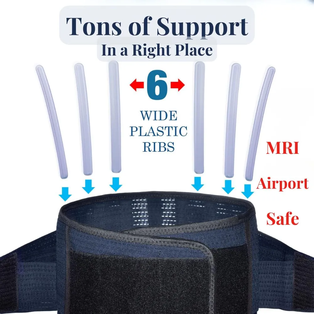 AVESTON Back Support Lower Back Brace for Back Pain Relief: Thin Breathable Rigid 6 ribs Adjustable Lumbar Support Belt for Men/Women Keeps Spine Straight and Safe  Belly size 38-45" Large