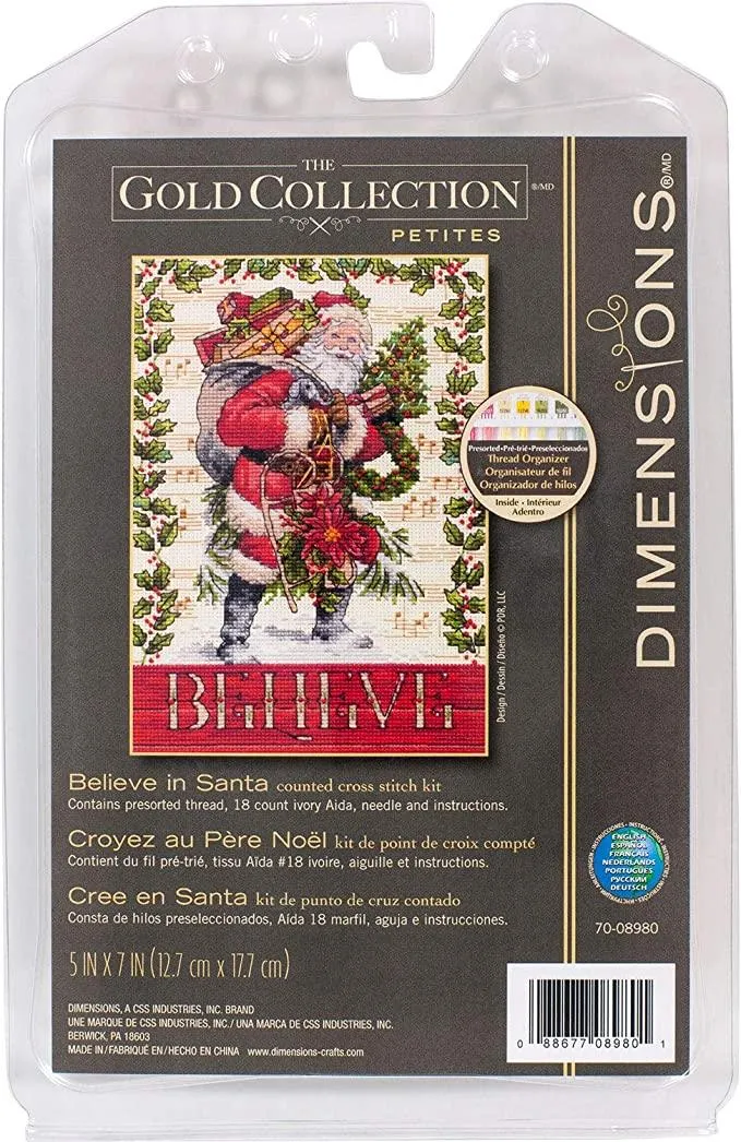 BELIEVE IN SANTA, Counted Cross Stitch Kit, 18 count ivory Aida, DIMENSIONS, Gold Collection (70-08980)