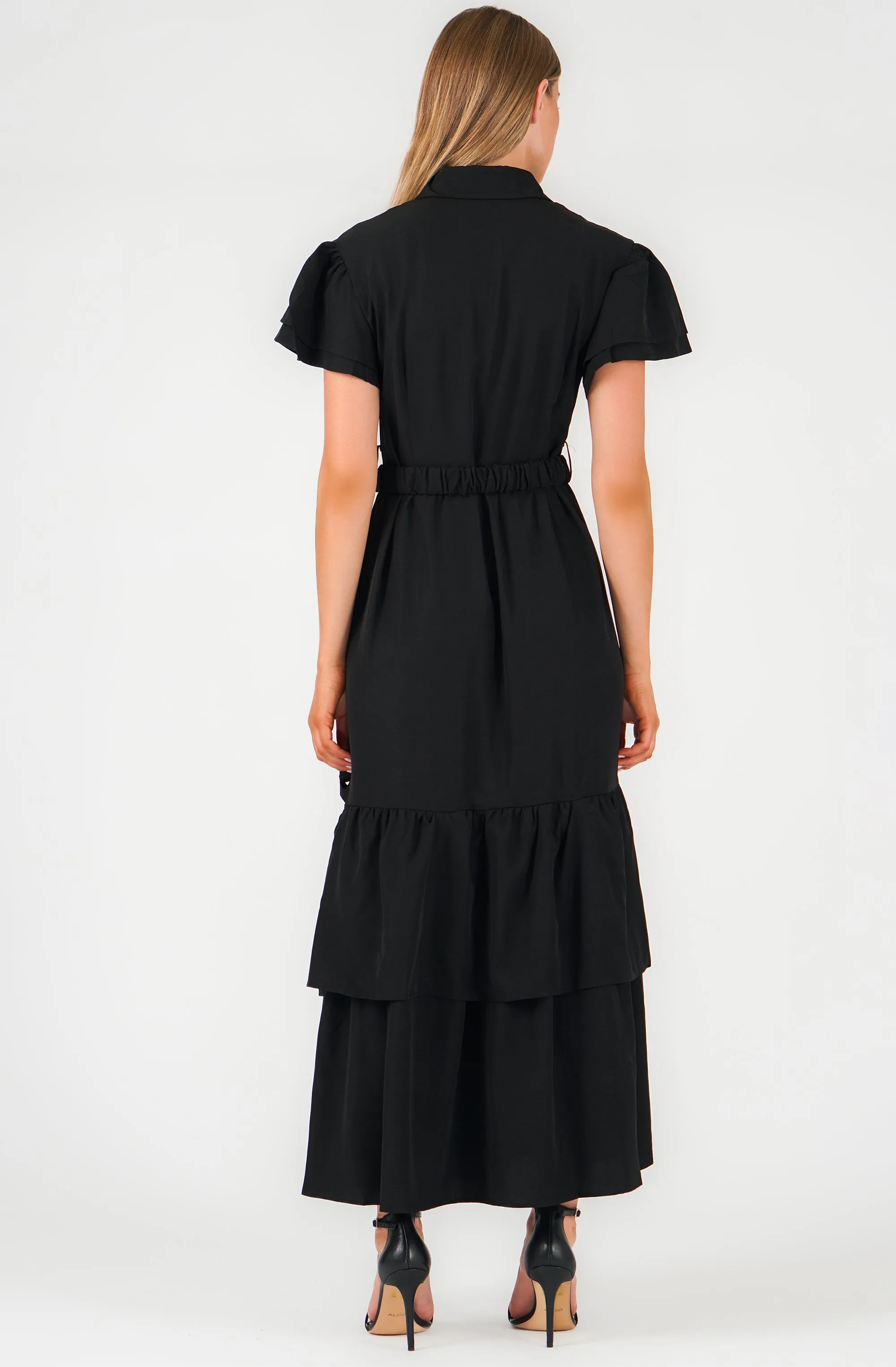 Belted Buttoned Maxi Shirt Dress with Ruffled Short Sleeves