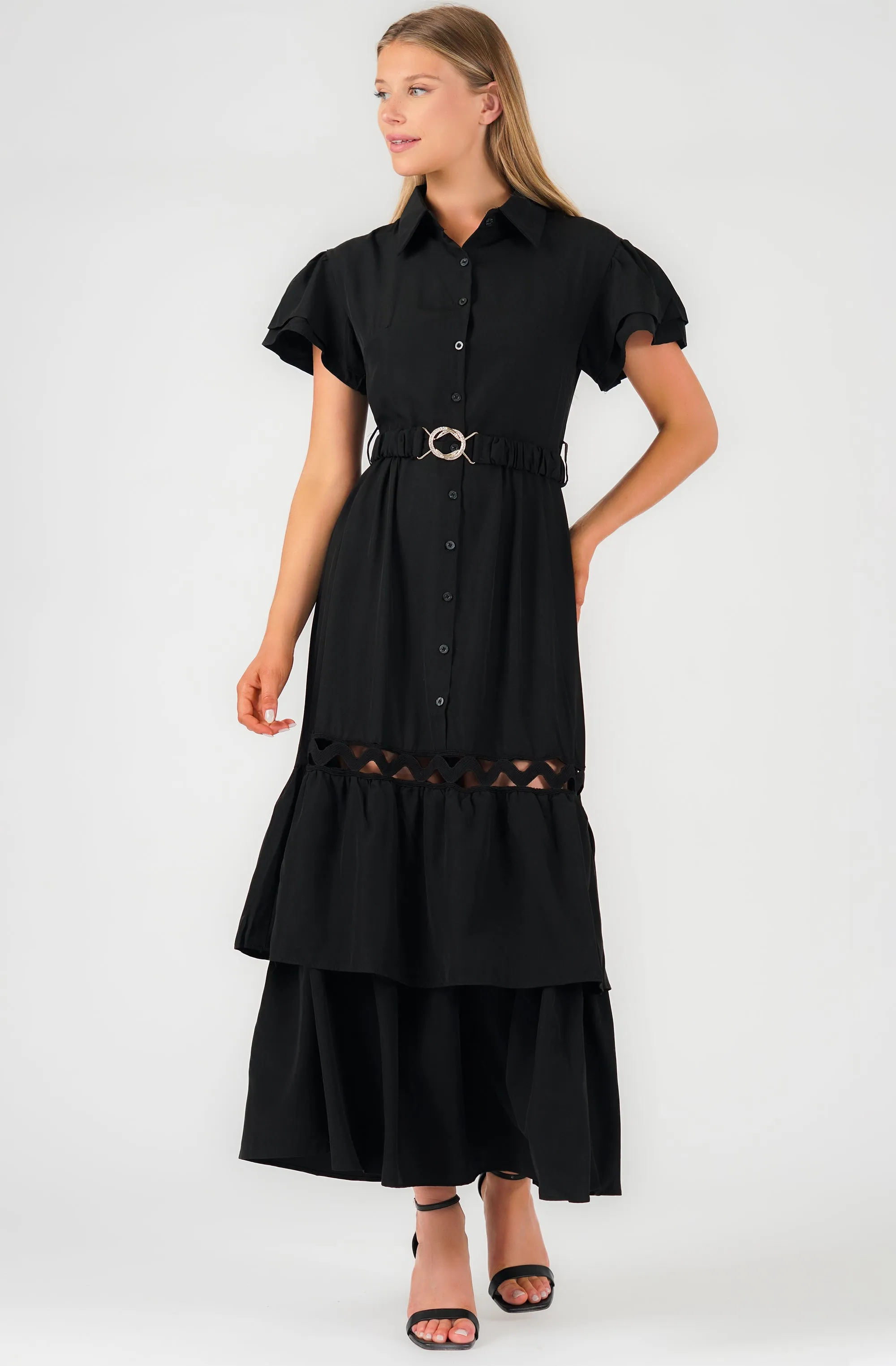 Belted Buttoned Maxi Shirt Dress with Ruffled Short Sleeves