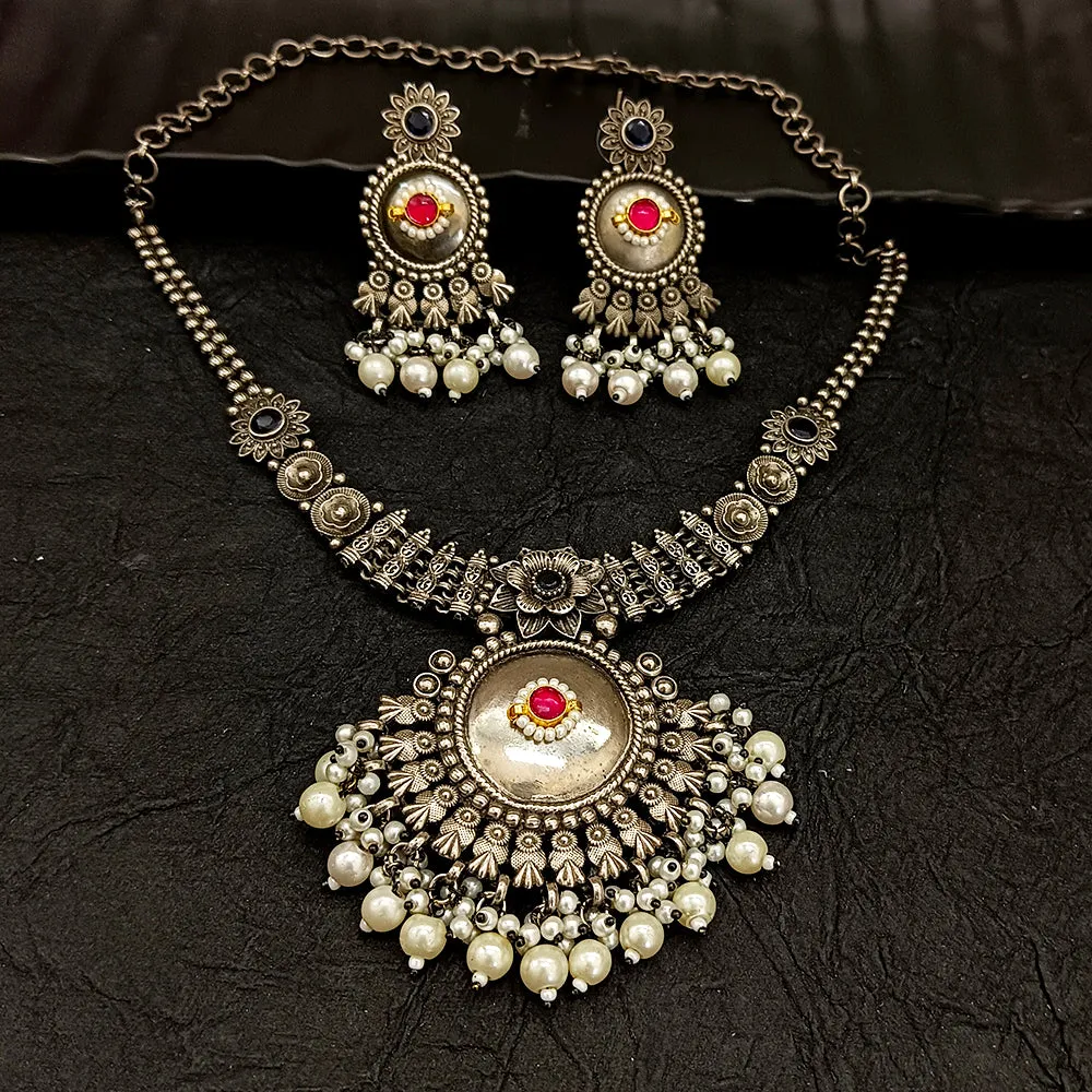 Bhavi Jewel Oxidised Plated Kundan And Pearl  Necklace Set
