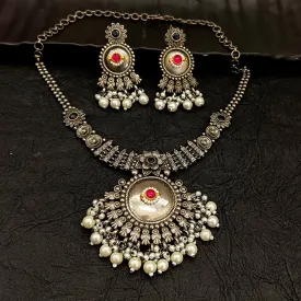 Bhavi Jewel Oxidised Plated Kundan And Pearl  Necklace Set
