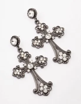 Black Multi Diamante Drop Cross Earrings