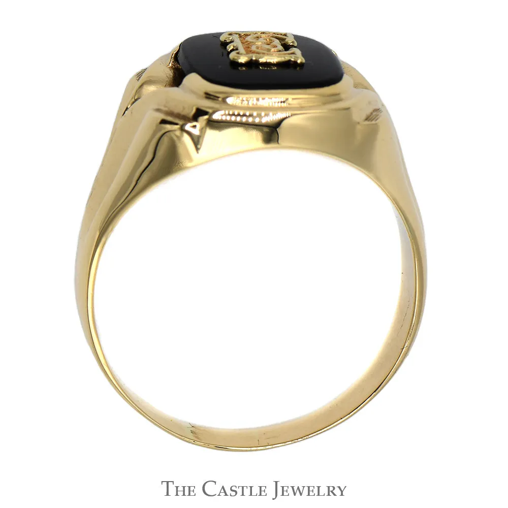 Black Onyx "E" Initial Designed Ring in 10k Yellow Gold
