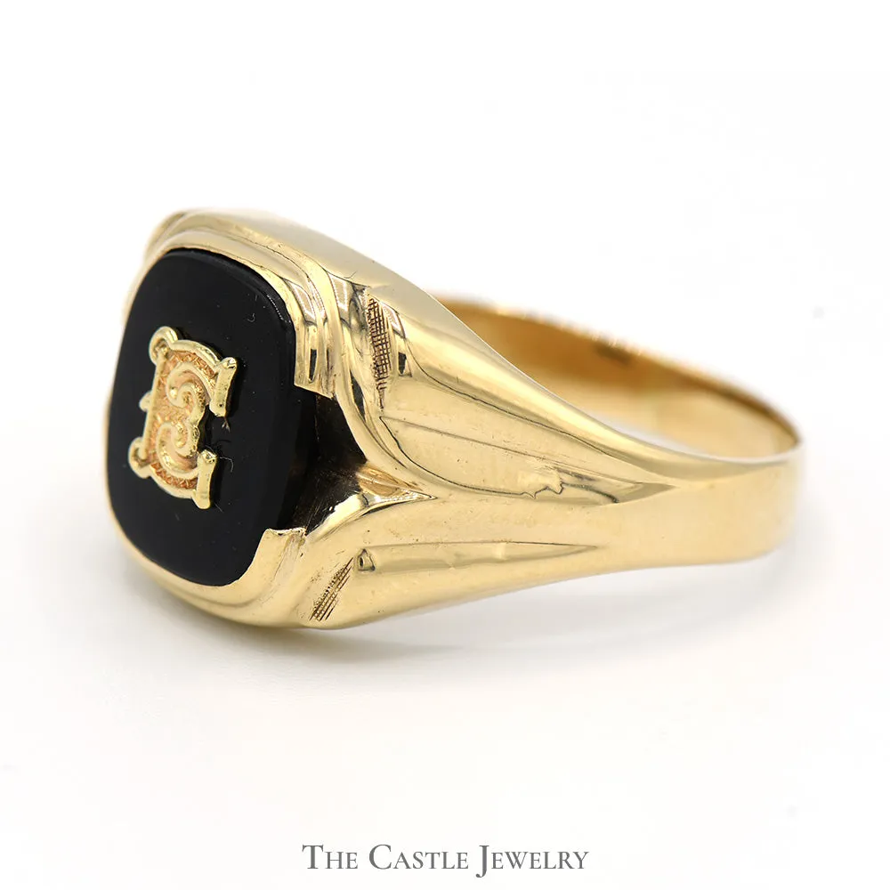 Black Onyx "E" Initial Designed Ring in 10k Yellow Gold