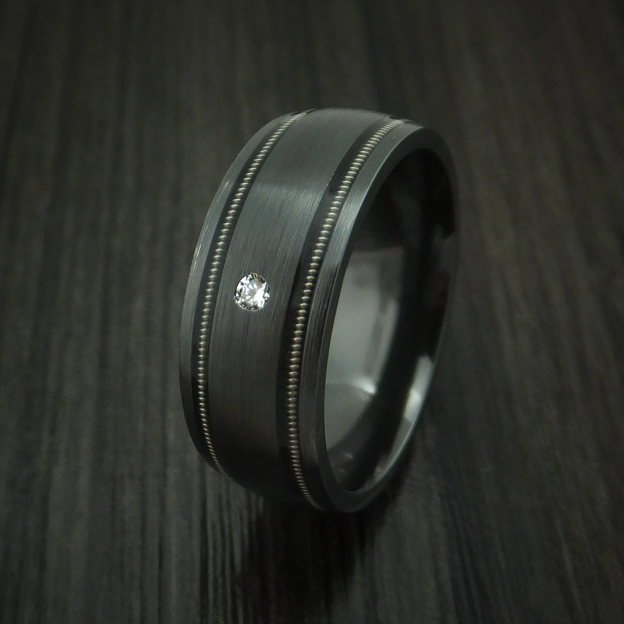 Black Titanium and Diamond Men's Ring with Guitar String Inlays Custom Made Band