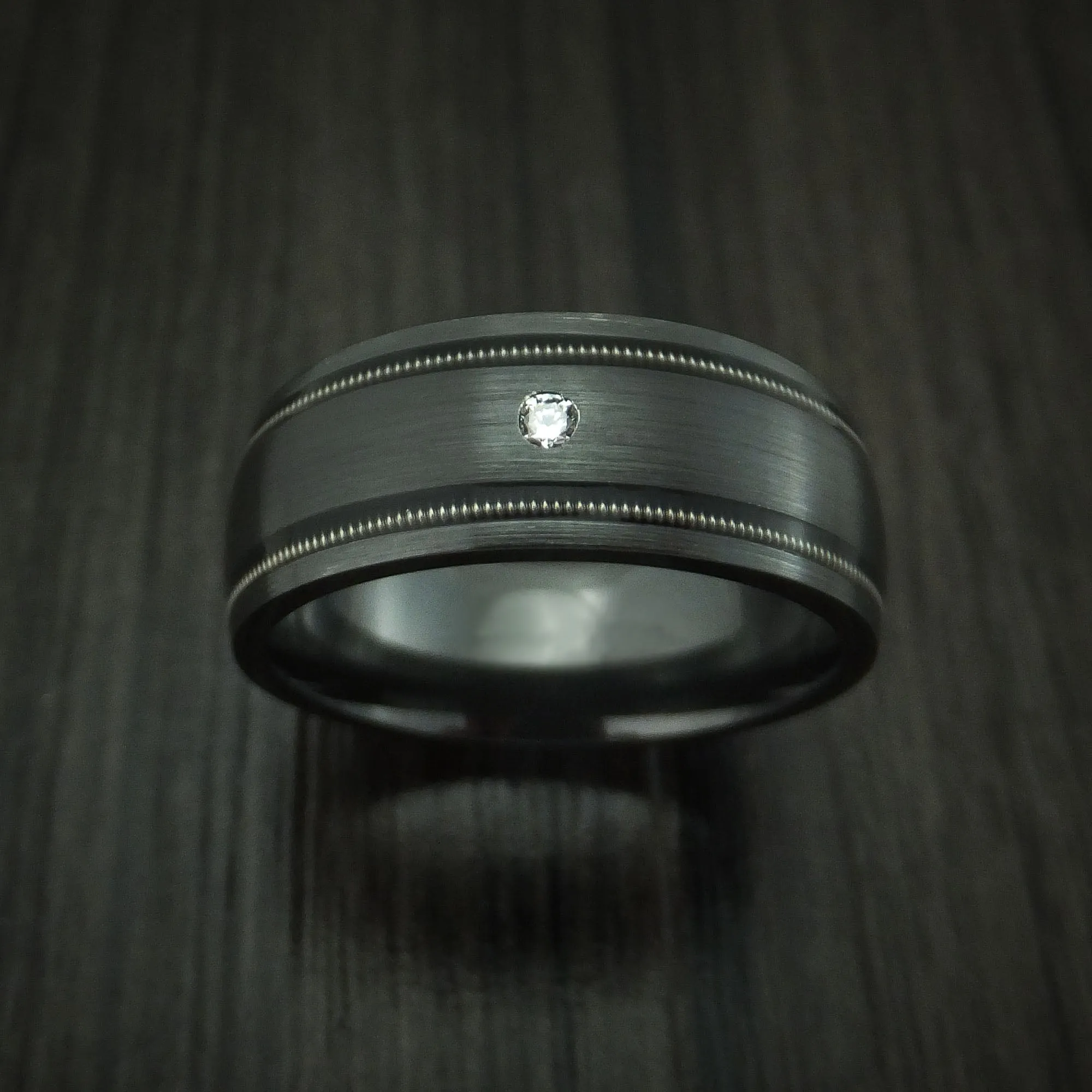 Black Titanium and Diamond Men's Ring with Guitar String Inlays Custom Made Band