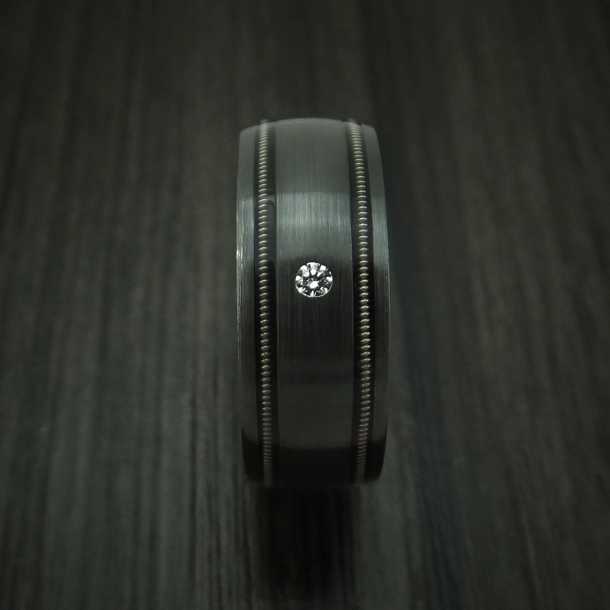 Black Titanium and Diamond Men's Ring with Guitar String Inlays Custom Made Band