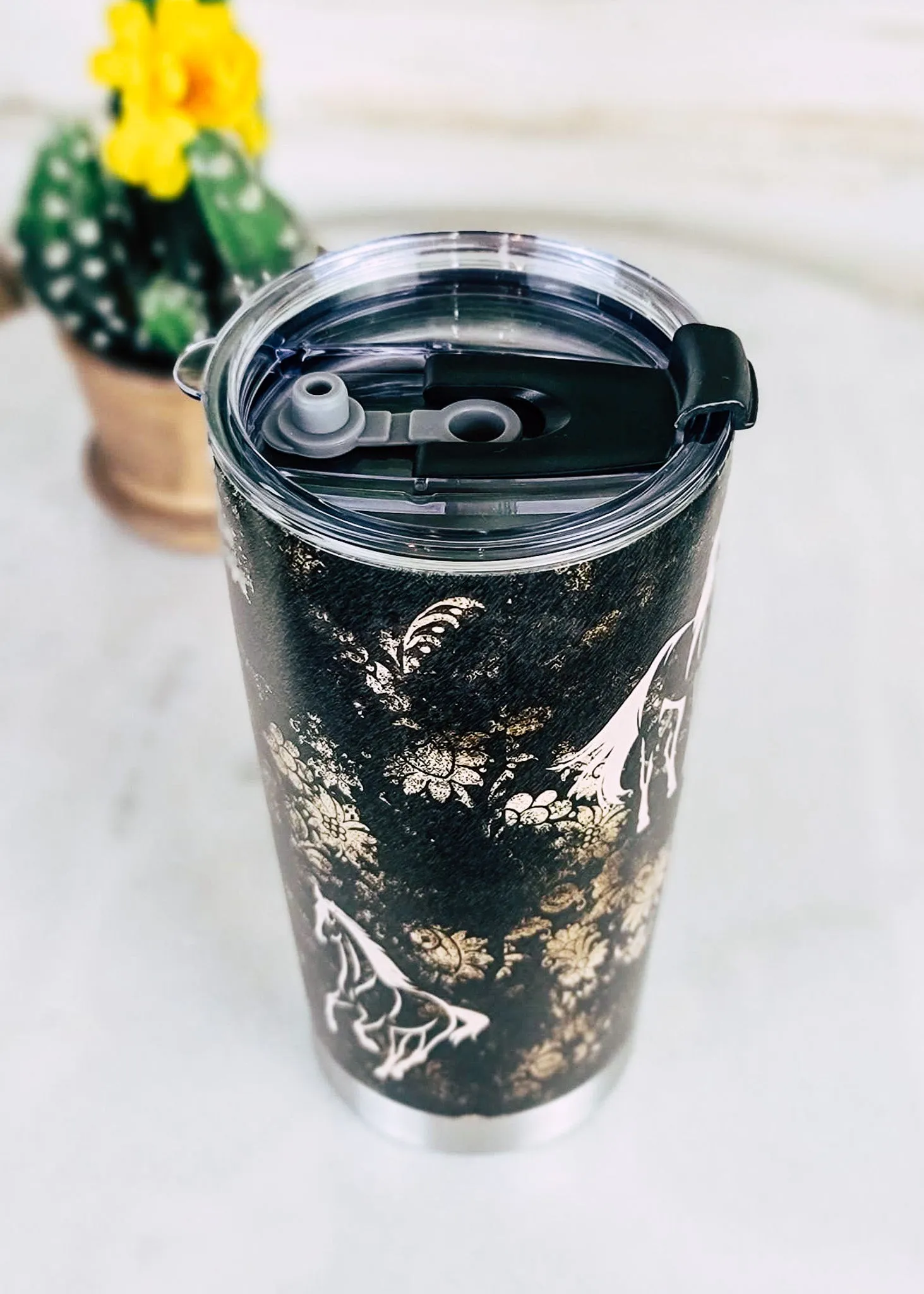 Black Vintage Floral Horse Tumbler