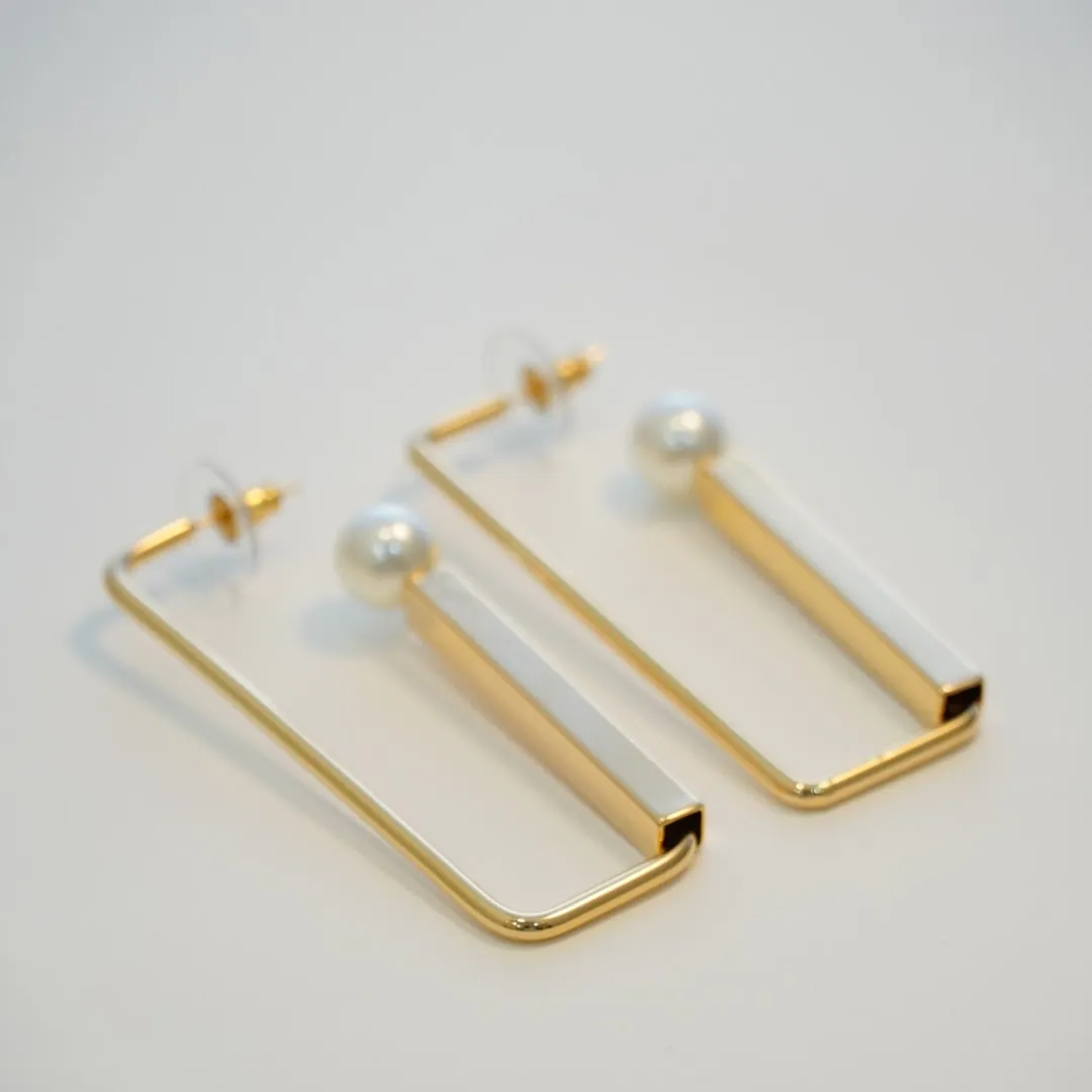 Bold Rectangular Pearl Studded 18K Gold Plated Statement Hoops Earring