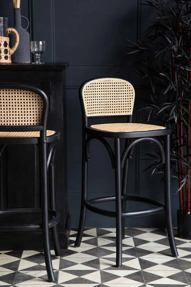 Chez Pitou Black Wood & Woven Cane Bar Stool