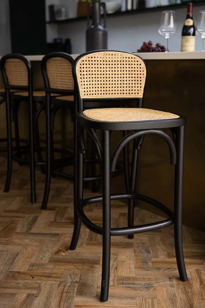 Chez Pitou Black Wood & Woven Cane Bar Stool