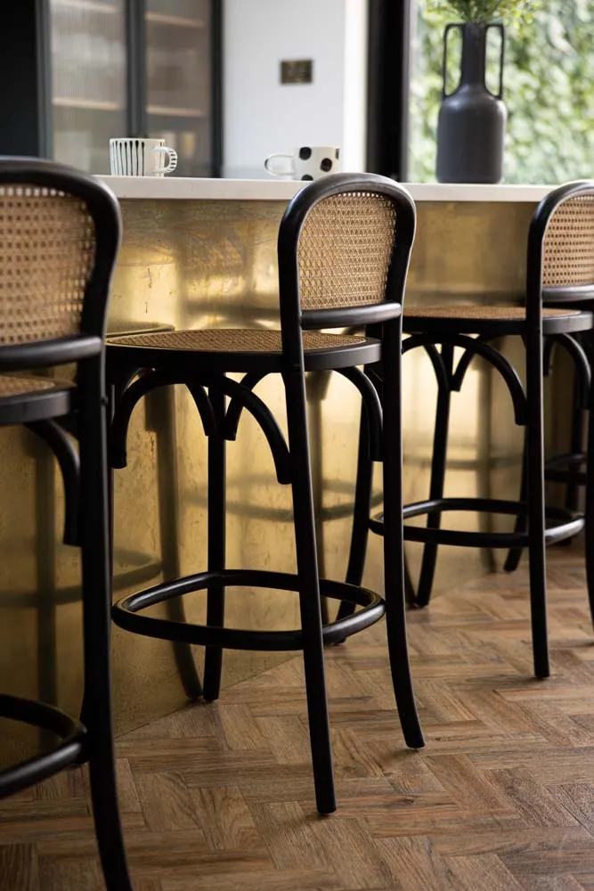 Chez Pitou Black Wood & Woven Cane Bar Stool