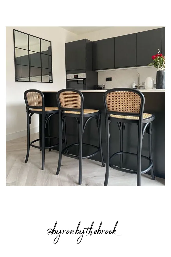 Chez Pitou Black Wood & Woven Cane Bar Stool