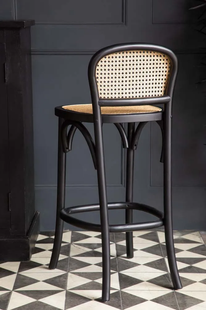 Chez Pitou Black Wood & Woven Cane Bar Stool
