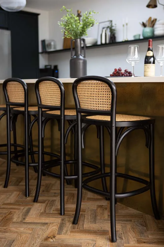 Chez Pitou Black Wood & Woven Cane Bar Stool