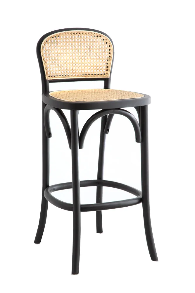 Chez Pitou Black Wood & Woven Cane Bar Stool