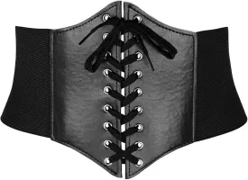 CHIC DIARY Women Corset Belt PU Leather Belts Elastic Wide Lace-up Waist Belts Black Cinch Belts Stretchy Plus Size Waistband