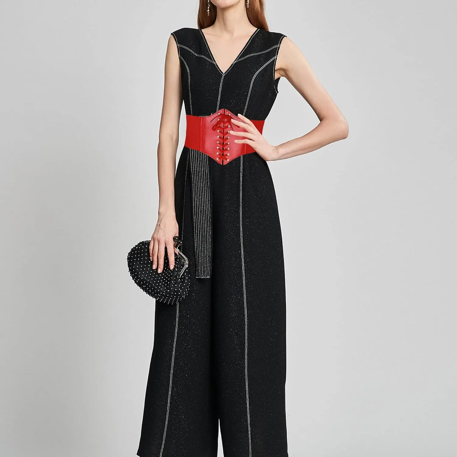 CHIC DIARY Women Corset Belt PU Leather Belts Elastic Wide Lace-up Waist Belts Black Cinch Belts Stretchy Plus Size Waistband