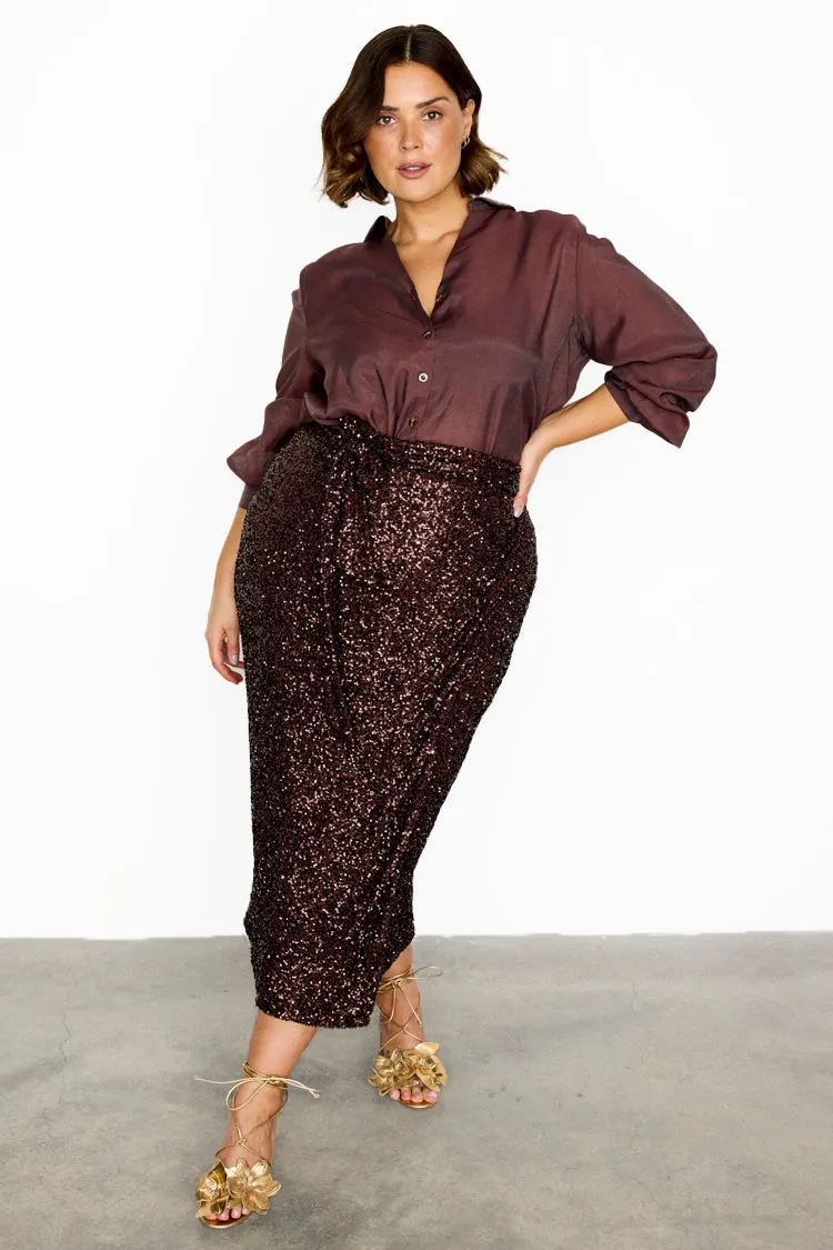 Sequin-Embellished Chocolate Jaspre Skirt