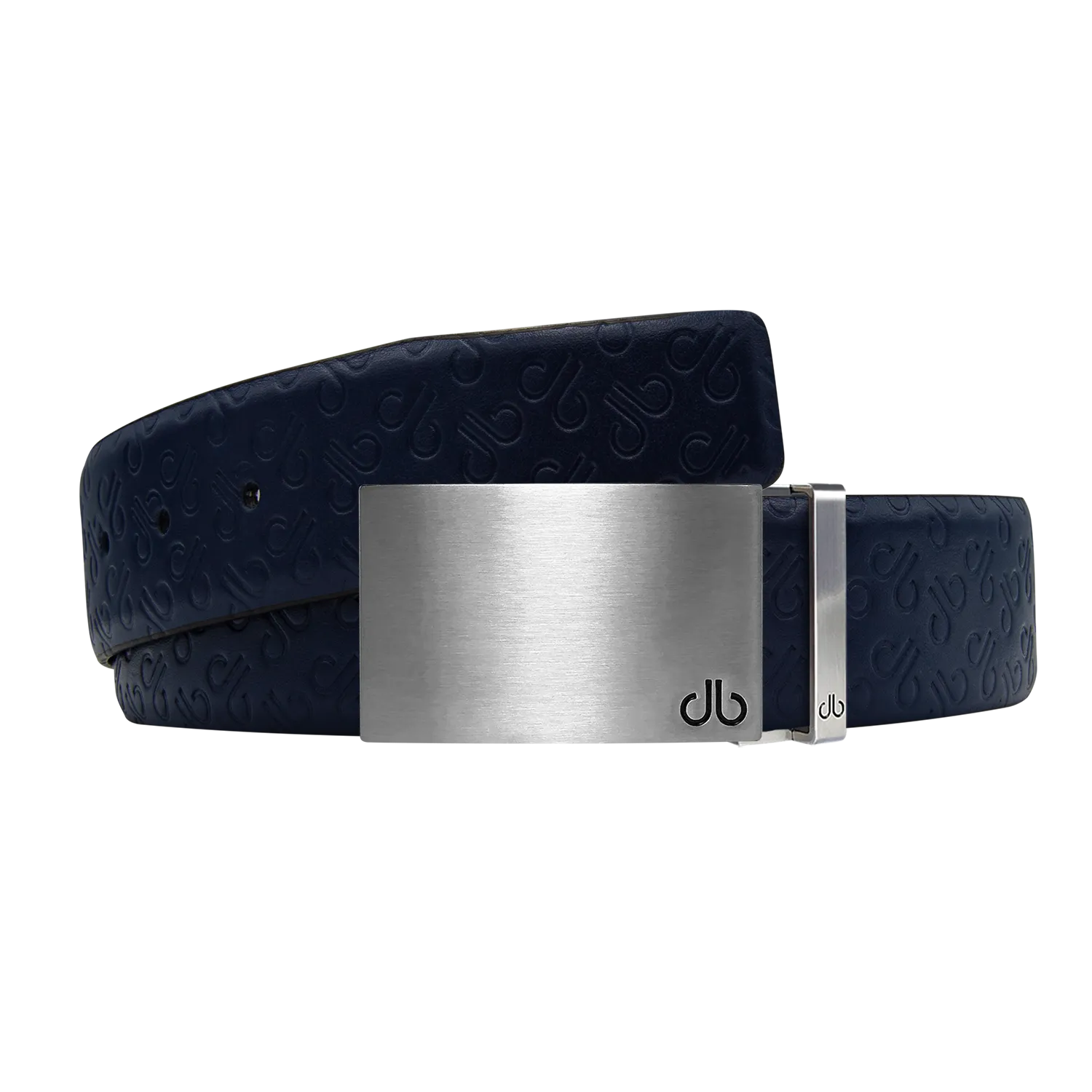 Dark Blue Db Icon Pattern Embossed Leather Belt With Silver Druh Db Classic Block Buckle