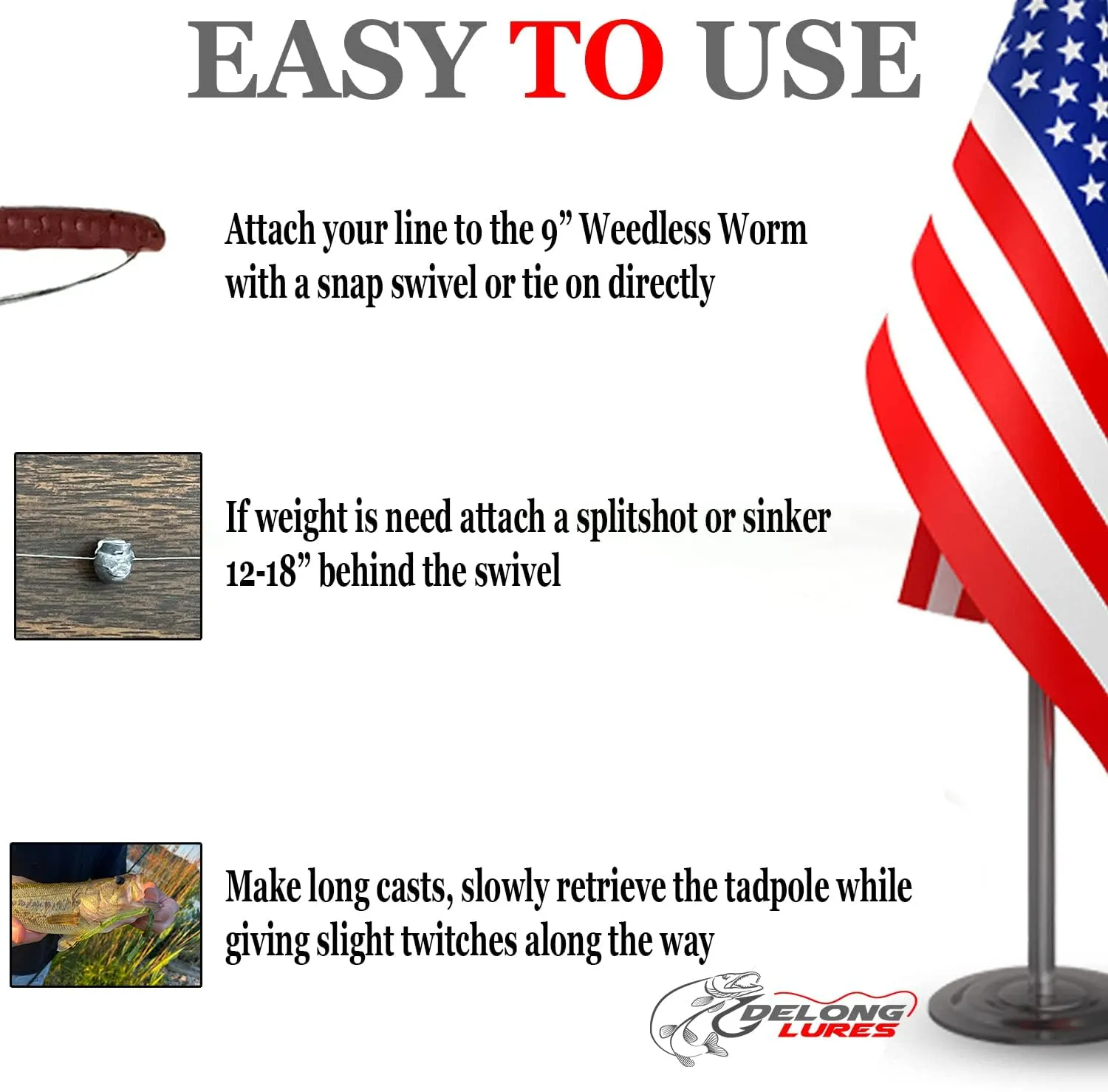 DELONG LURES: Weedless Fishing Lures 9" Pre-Rigged Fishing Worms - Weedless Bass Fishing Lures, Prerigged Soft Plastic Worm Fishing Lures for Bass, Pike, Bass Lures Baits Tackle