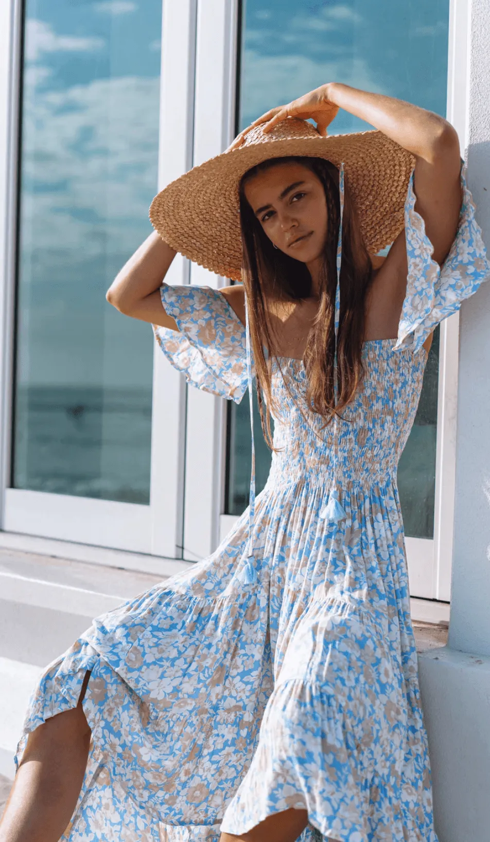 Eva Bandeau High Low dress in Coastal Print