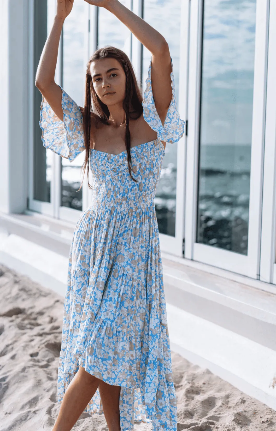 Eva Bandeau High Low dress in Coastal Print