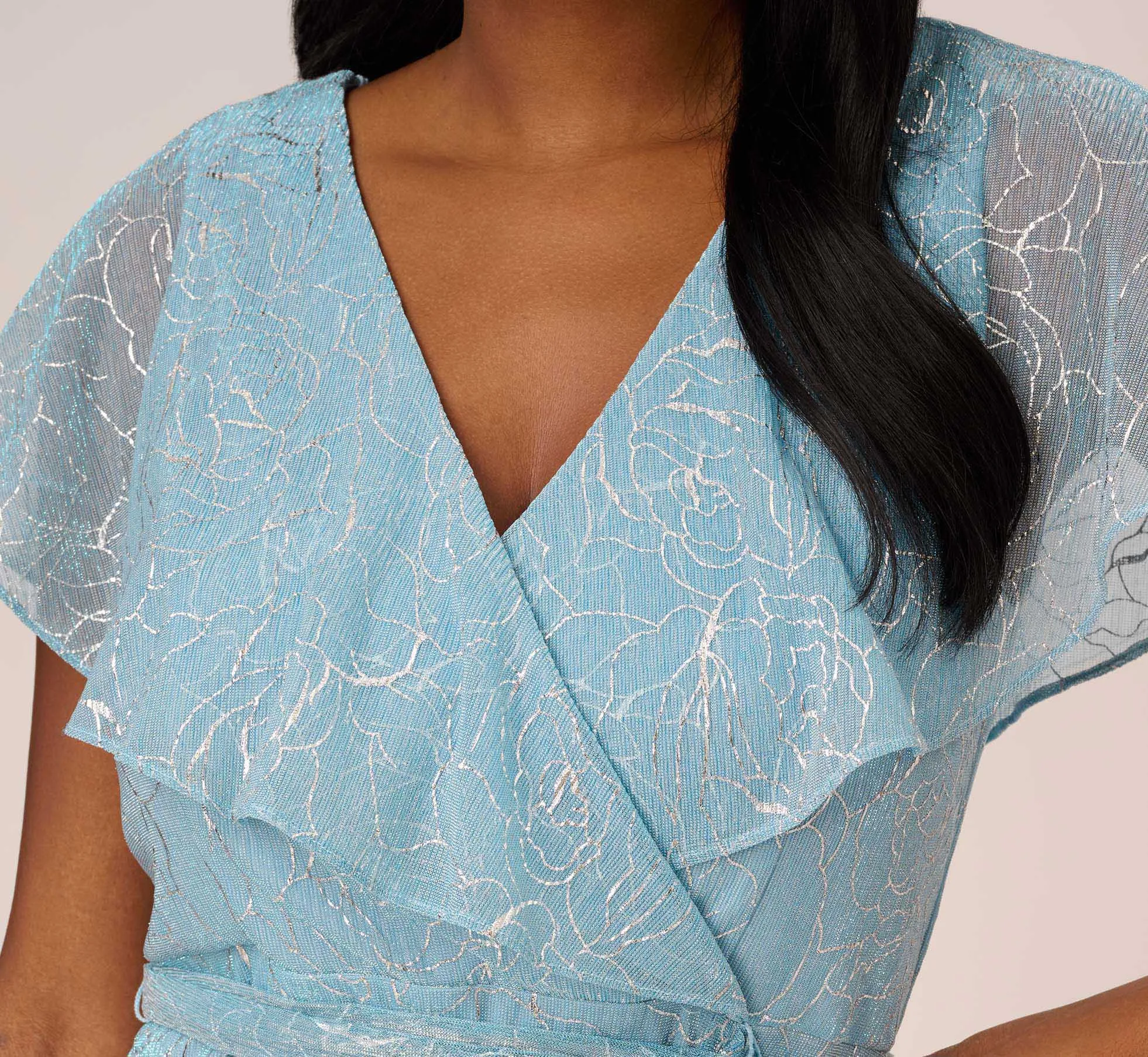 Floral Metallic Stencil Midi-Length Mermaid Dress With Capelet In Light Blue