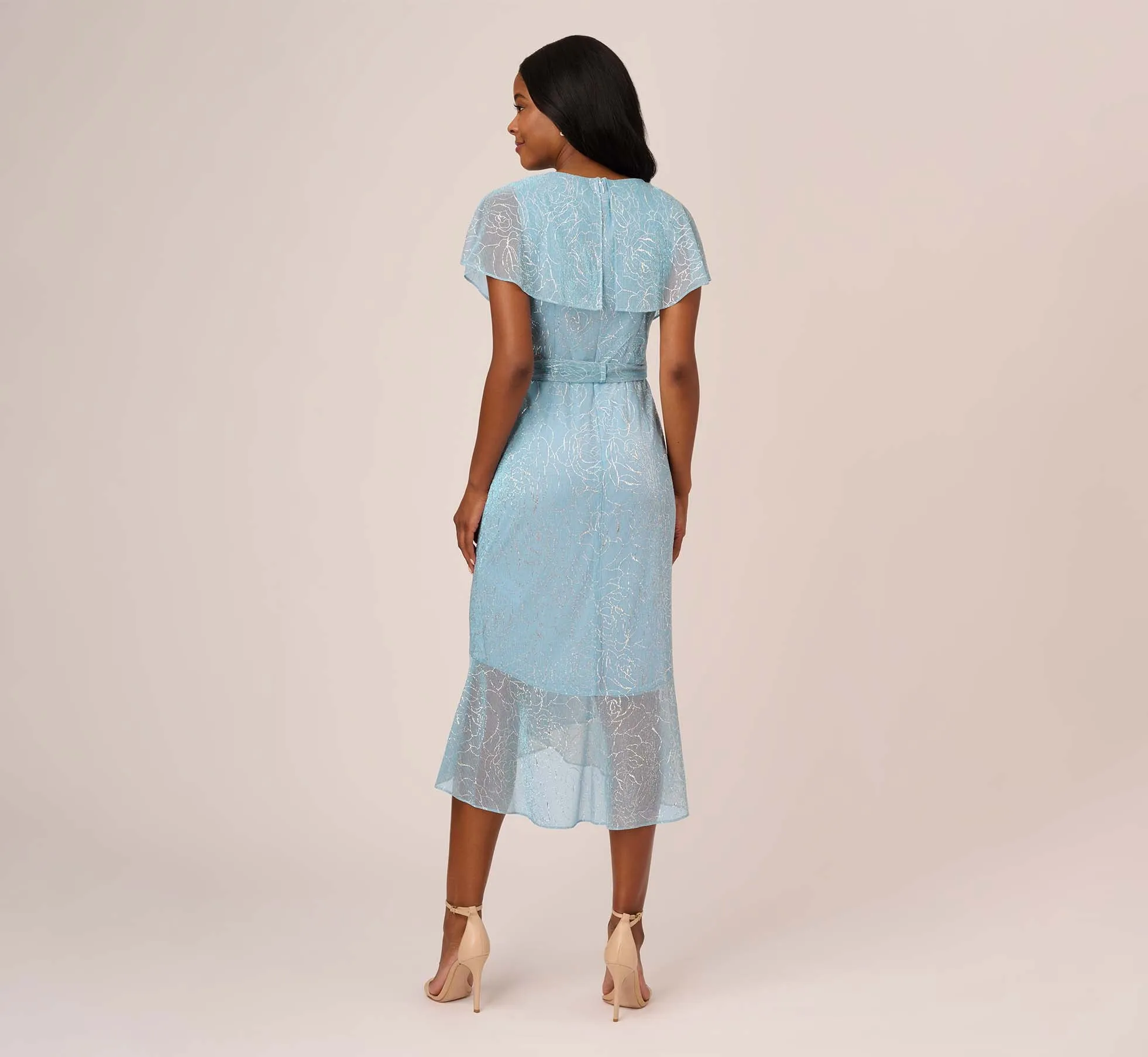 Floral Metallic Stencil Midi-Length Mermaid Dress With Capelet In Light Blue