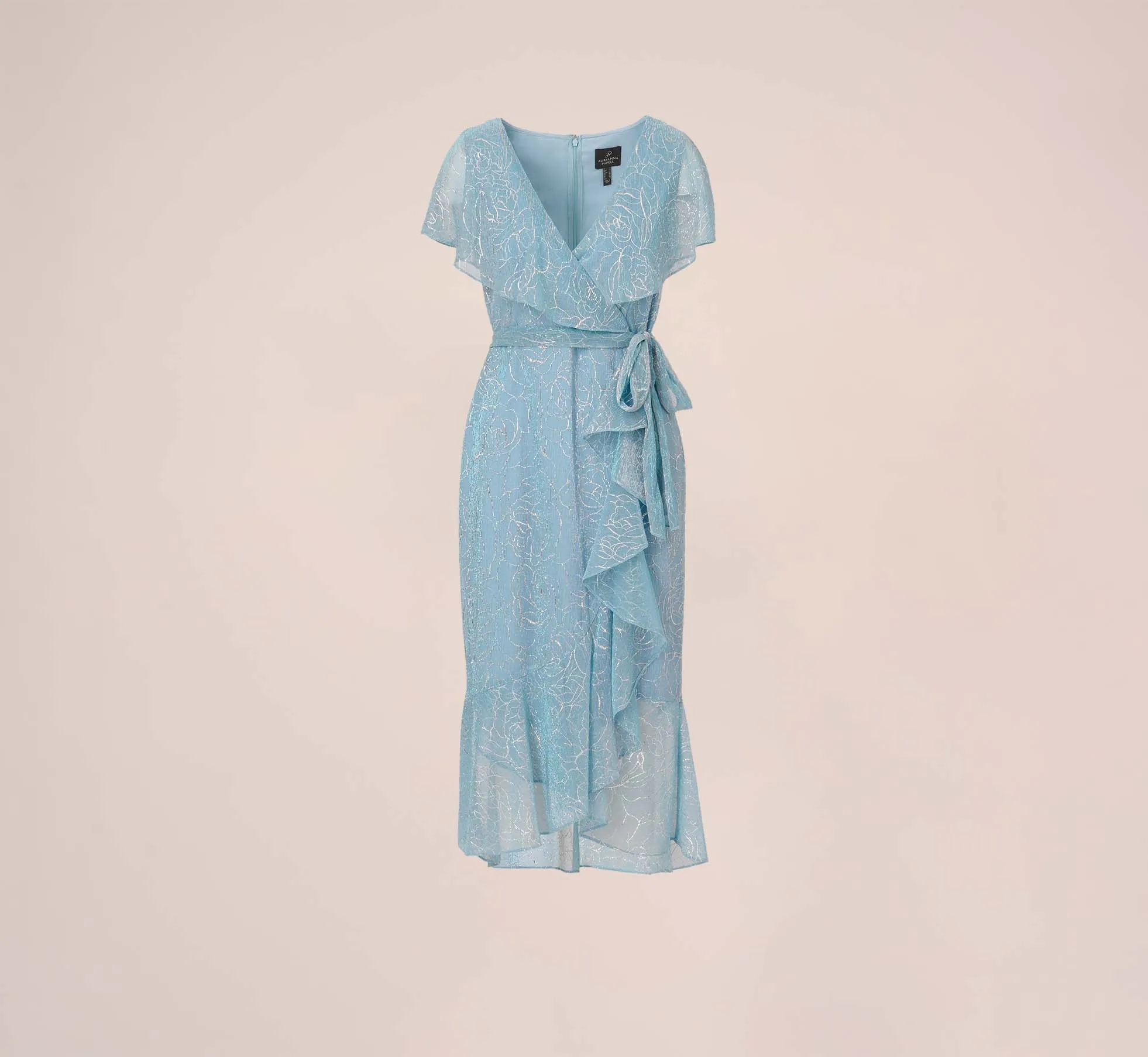 Floral Metallic Stencil Midi-Length Mermaid Dress With Capelet In Light Blue