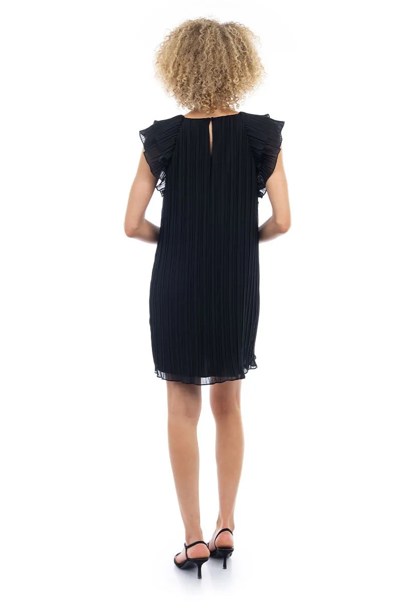 Flutter Sleeve Pleated Dress I Black
