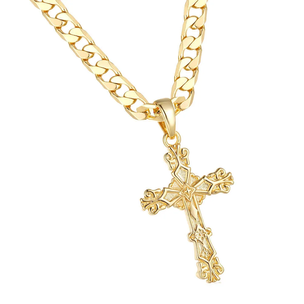 Gold Filled Bonded Filigree Cross Pendant 22 Inch 4mm Cuban Chain